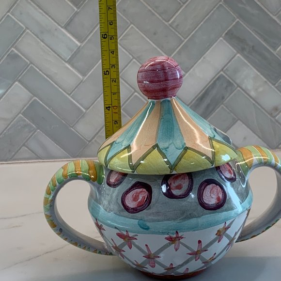 MacKenzie-Childs Taylor Ceramics โOdd Fellowsโ Lidded Sugar Bowl โ Hand-crafted - Picture 14 of 14